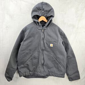 Carhartt Sherpa Lined Jacket Mens Large Gray Relaxed Fit Washed Duck Canvas Hood